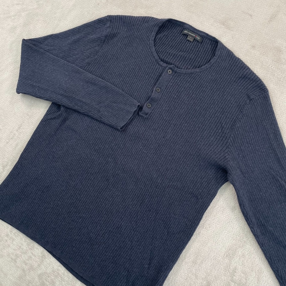 John Varvatos Henley Sweater Men Large Navy‎ Camel Hair Blend Ribbed USA $298